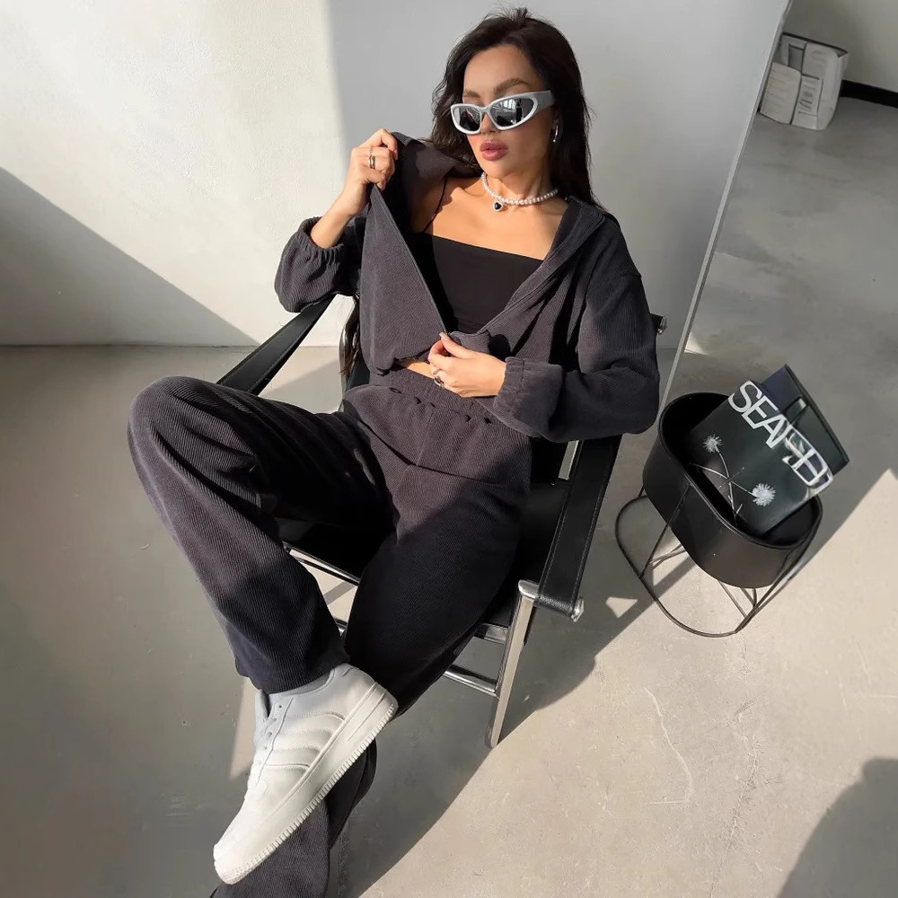 Women's Solid Color Long Sleeve Hooded Cardigan Sweatshirt and Wide-Leg Pants Set