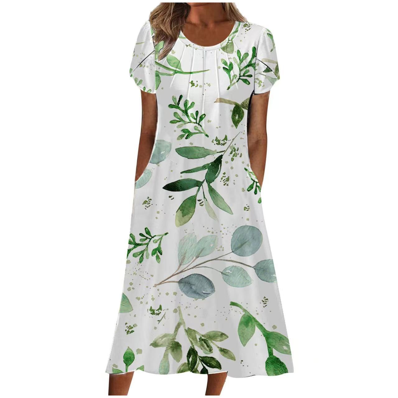 Women's Floral Print Round Neck A-Line Midi Dress with Pockets