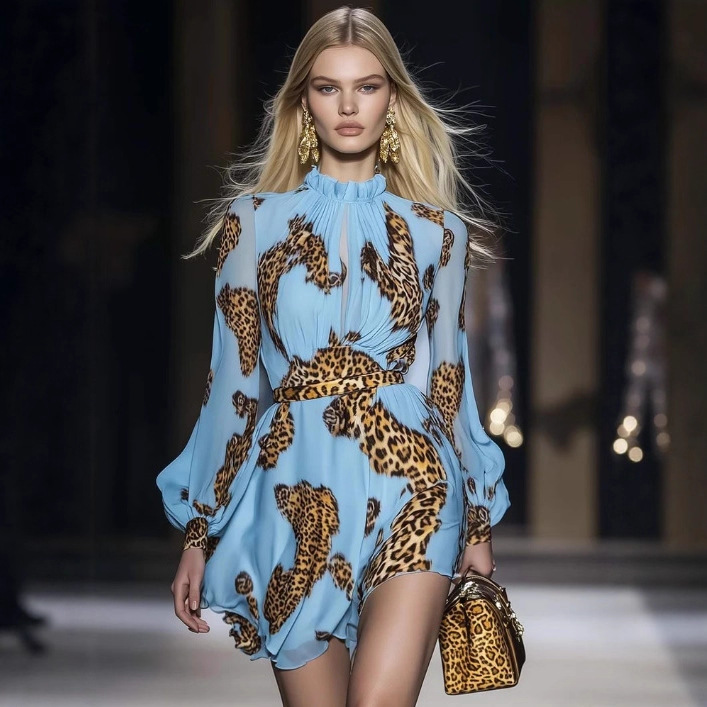 Elegant Leopard Print Sky Blue Chiffon Mini Dress