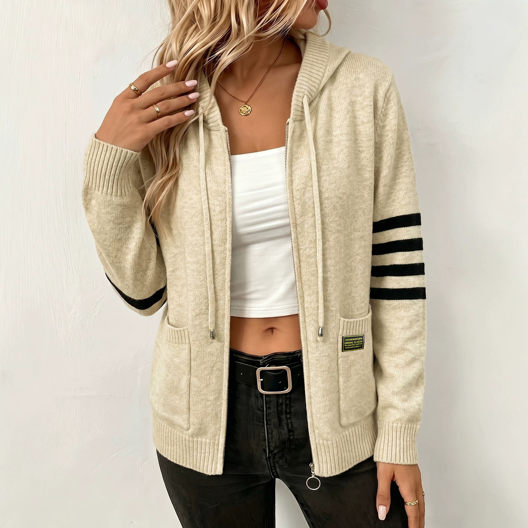 Women's Zip-Up Knit Hooded Cardigan with Pockets