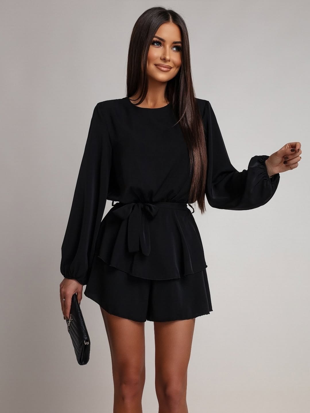Chiffon Solid Color Long Sleeve Lantern Sleeve Open Back Jumpsuit