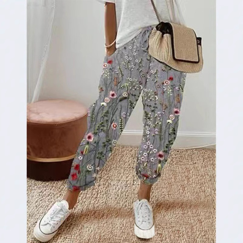 Women's Printed Cotton-Linen Casual Pants with Pockets