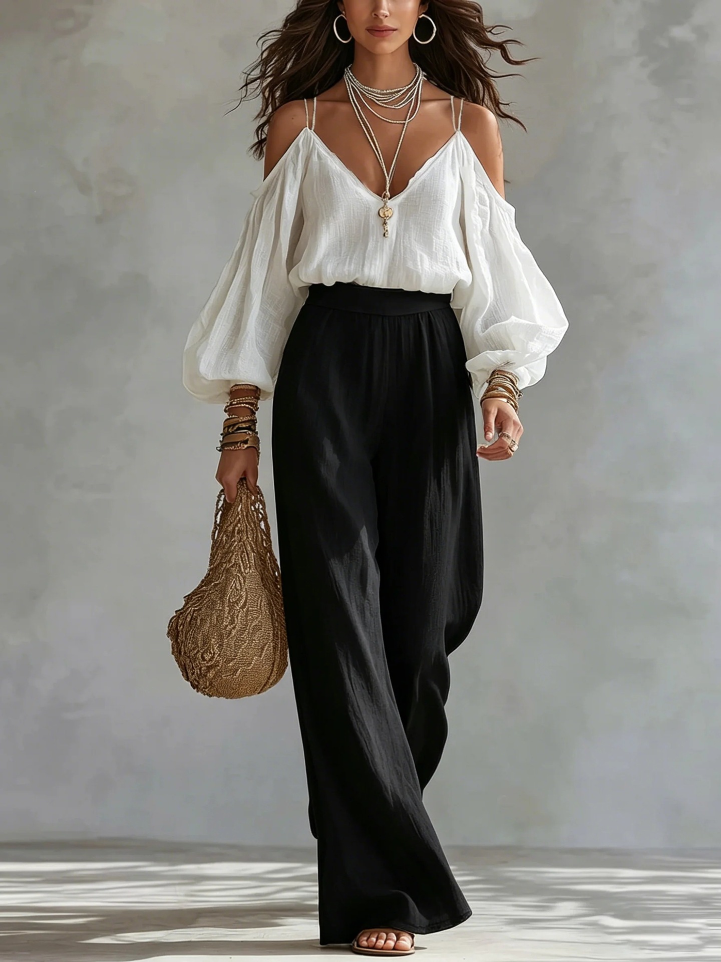 Off-Shoulder Cami Bubble-Sleeve Top & Wide-Leg Pants Two-Piece Set