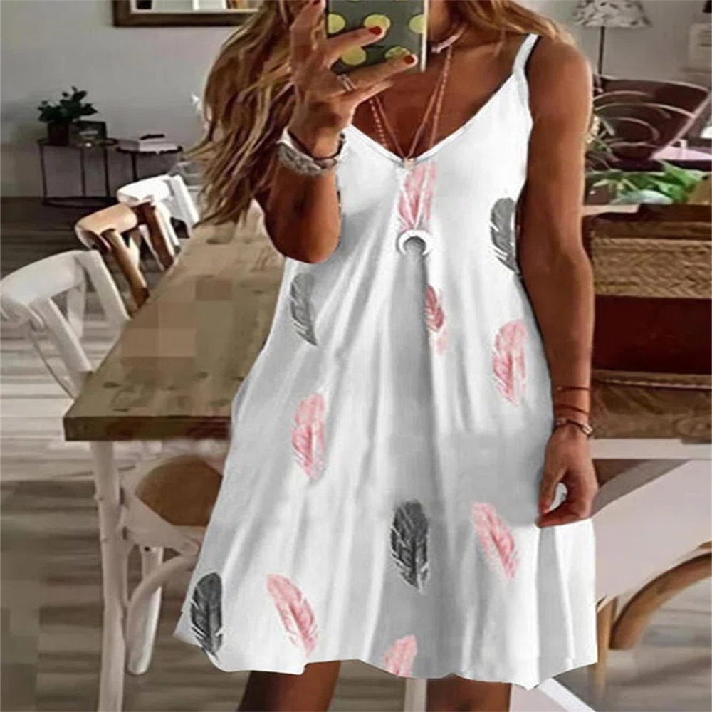 Women's Sexy V-Neck Printed Cami Dress Loose Fit