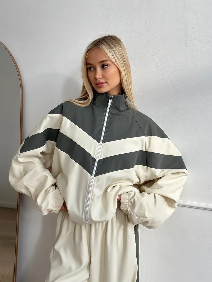 Women's Colorblock Zip-Up Cardigan and Pants Two-Piece Set Long Sleeve