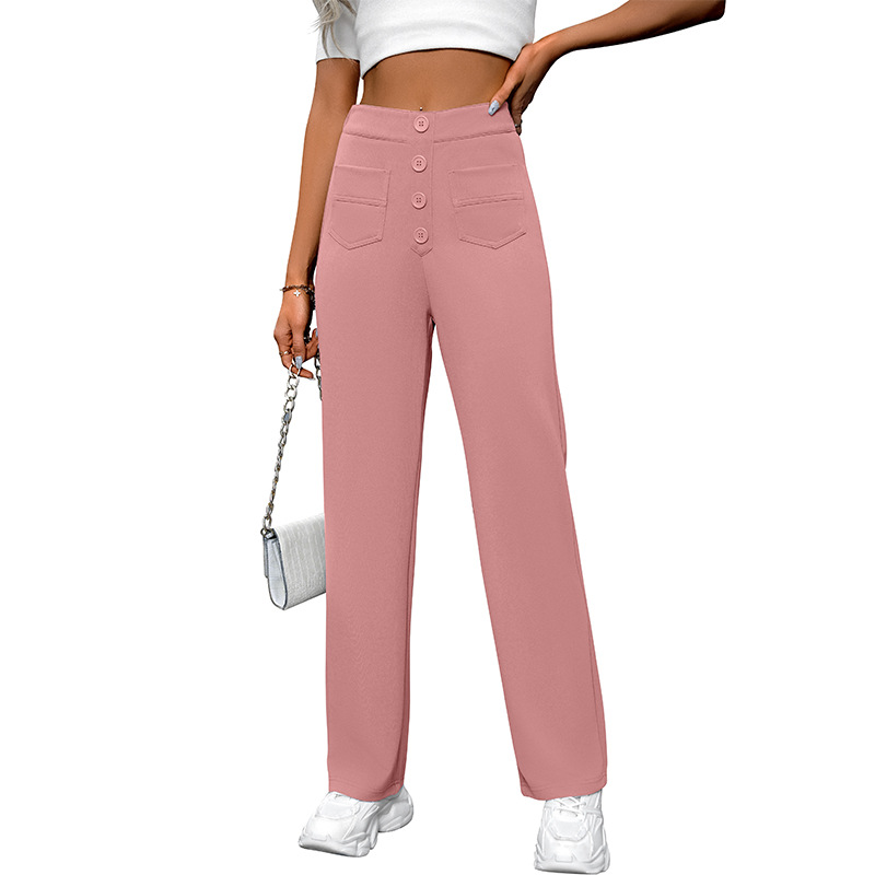 High-Waist Wide-Leg Button Pants with Pockets Casual Straight-Leg Trousers