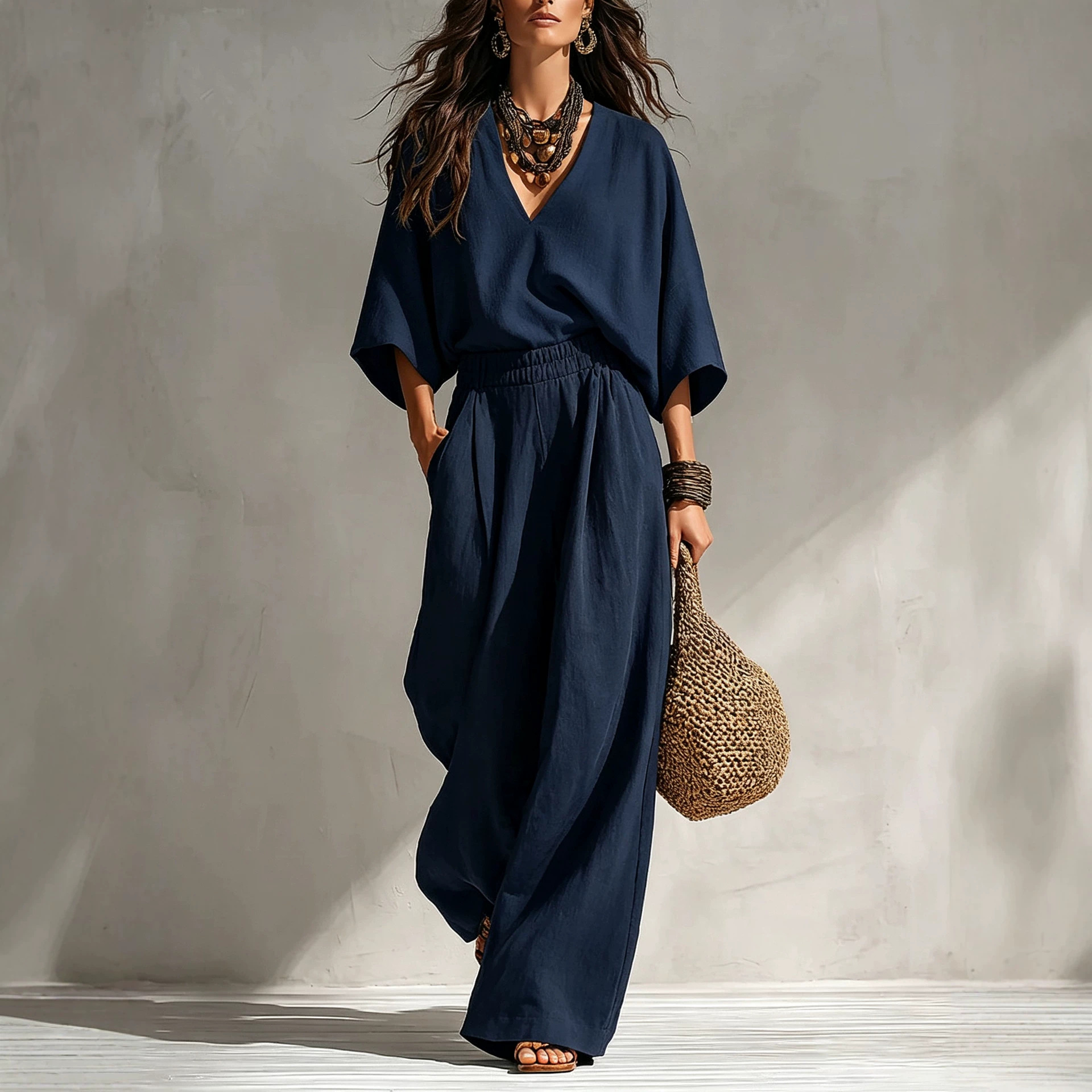 Bohemian Linen-Blend Deep V-Neck Short-Sleeve Wide-Leg Two-Piece Set