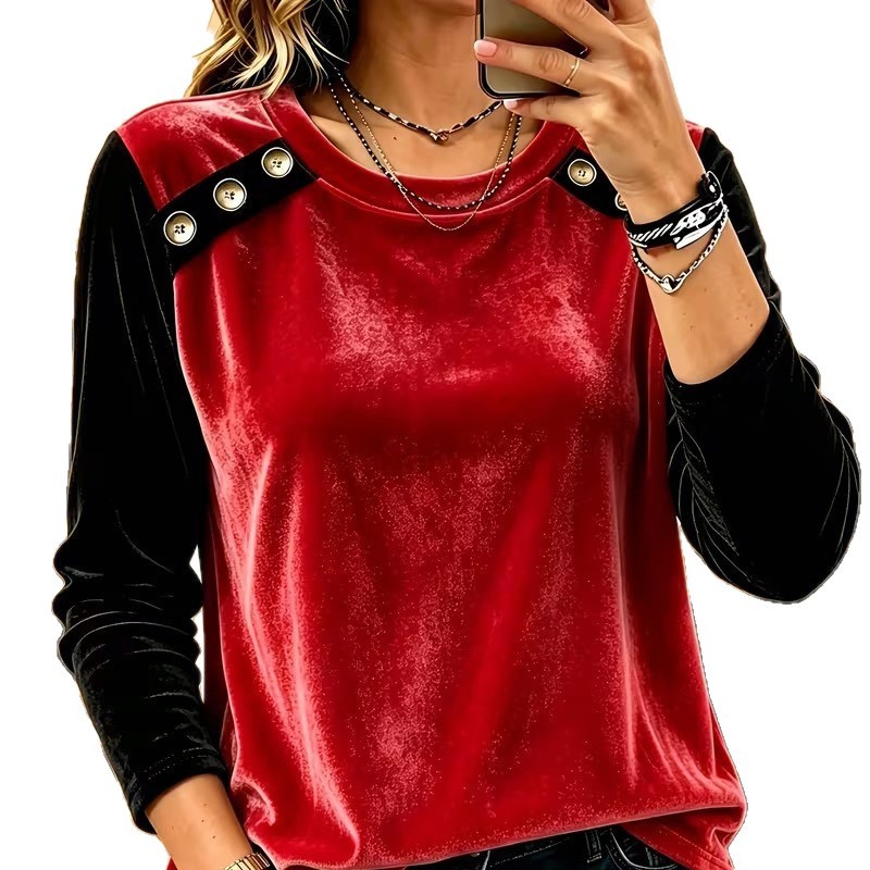 Metal Button Patchwork Velvet Round Neck Long Sleeve Loose Women's Top