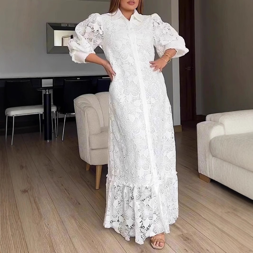 Elegant Long Sleeve Button Hollow Lace Cardigan Dress