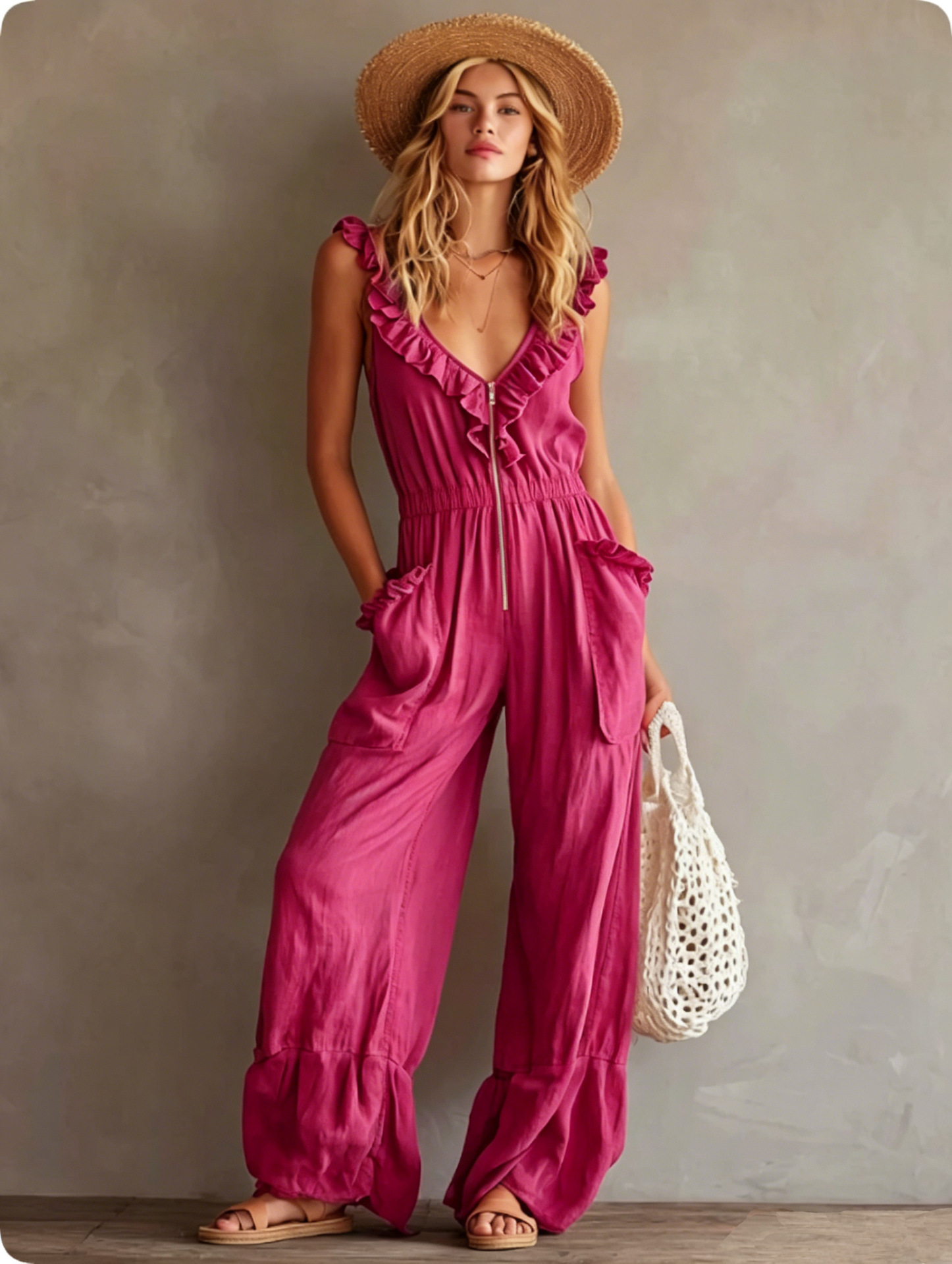 Sleeveless Ruffle Trim Wide-Leg Jumpsuit