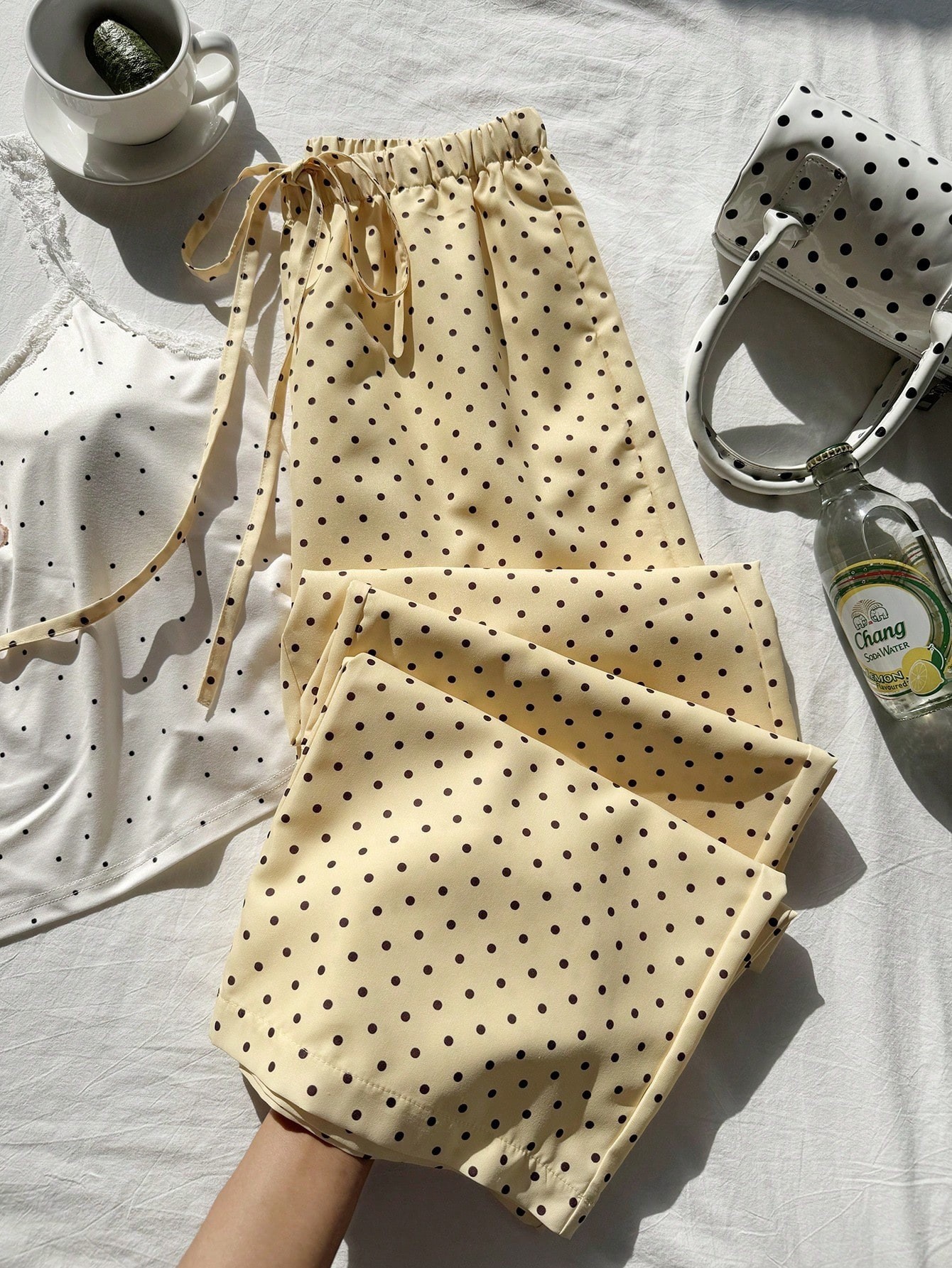 Women's Wide-Leg Polka Dot Print Elastic Waist Casual Straight Pants