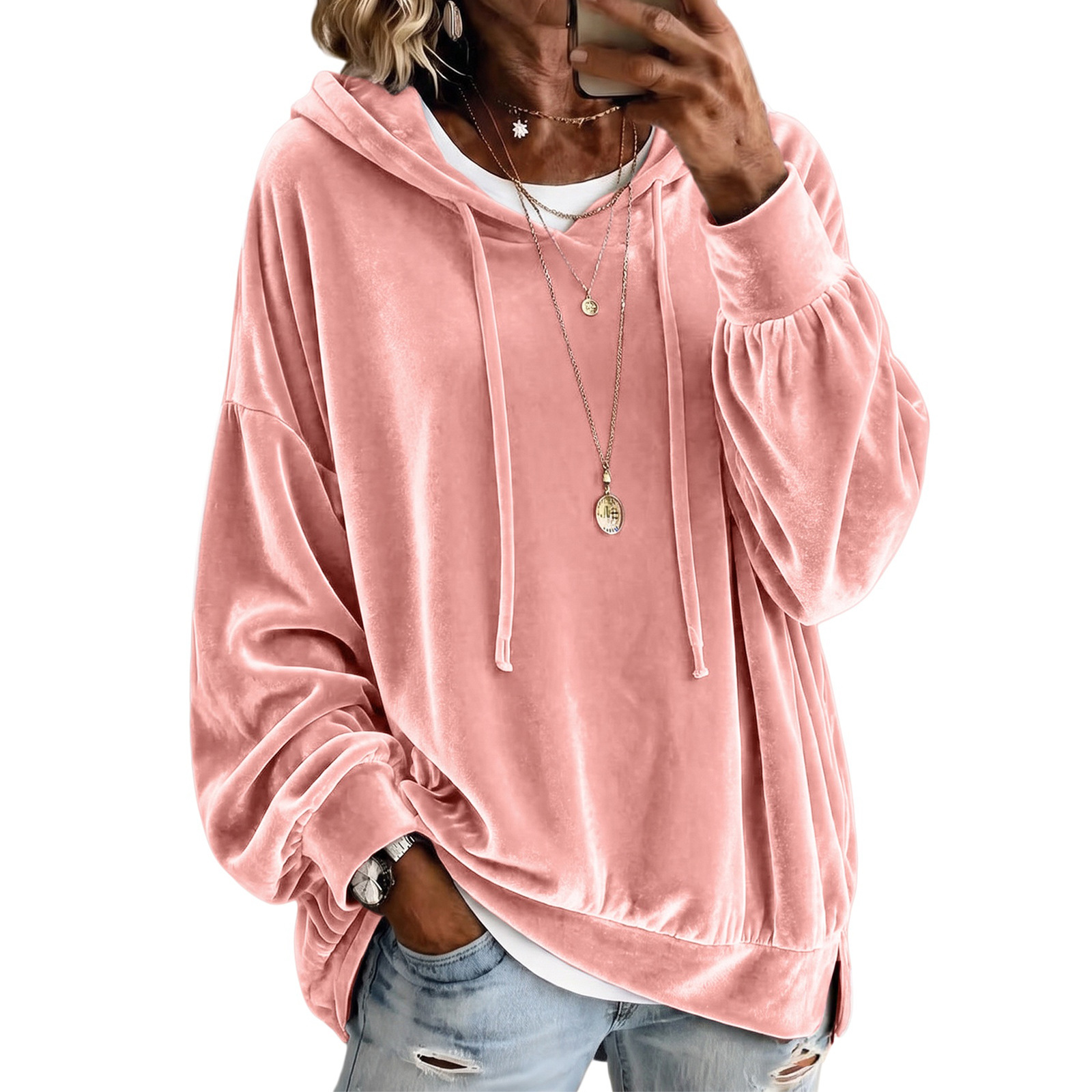 Women's Velvet Hooded Sweatshirt Loose Long Sleeve Pullover with Drawstring