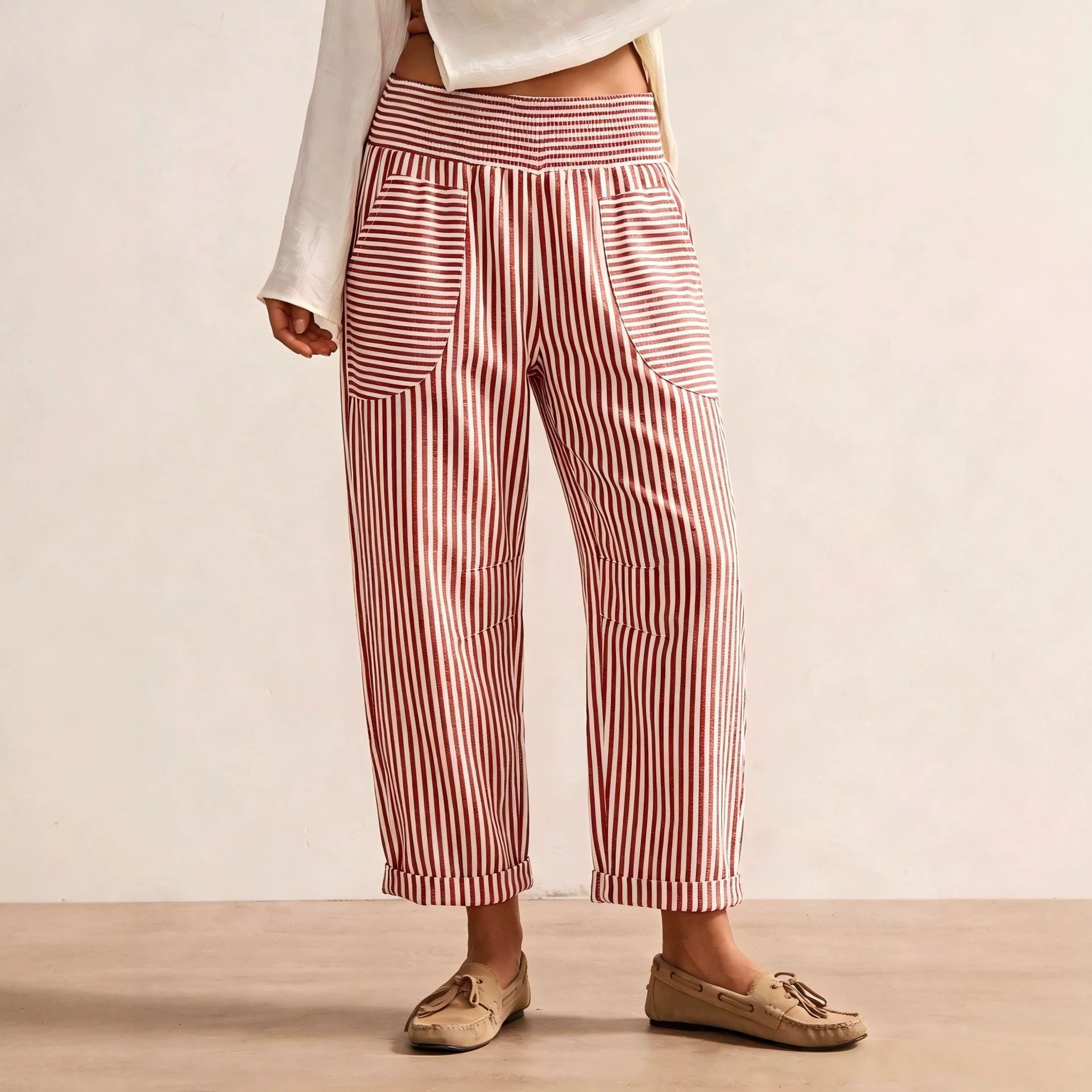 Women's Retro Striped Casual Pants with Pockets, Loose Straight-Leg