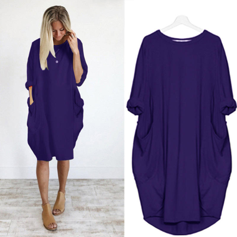 Women's Casual Loose Pocket Long Sleeve Plus Size Dress