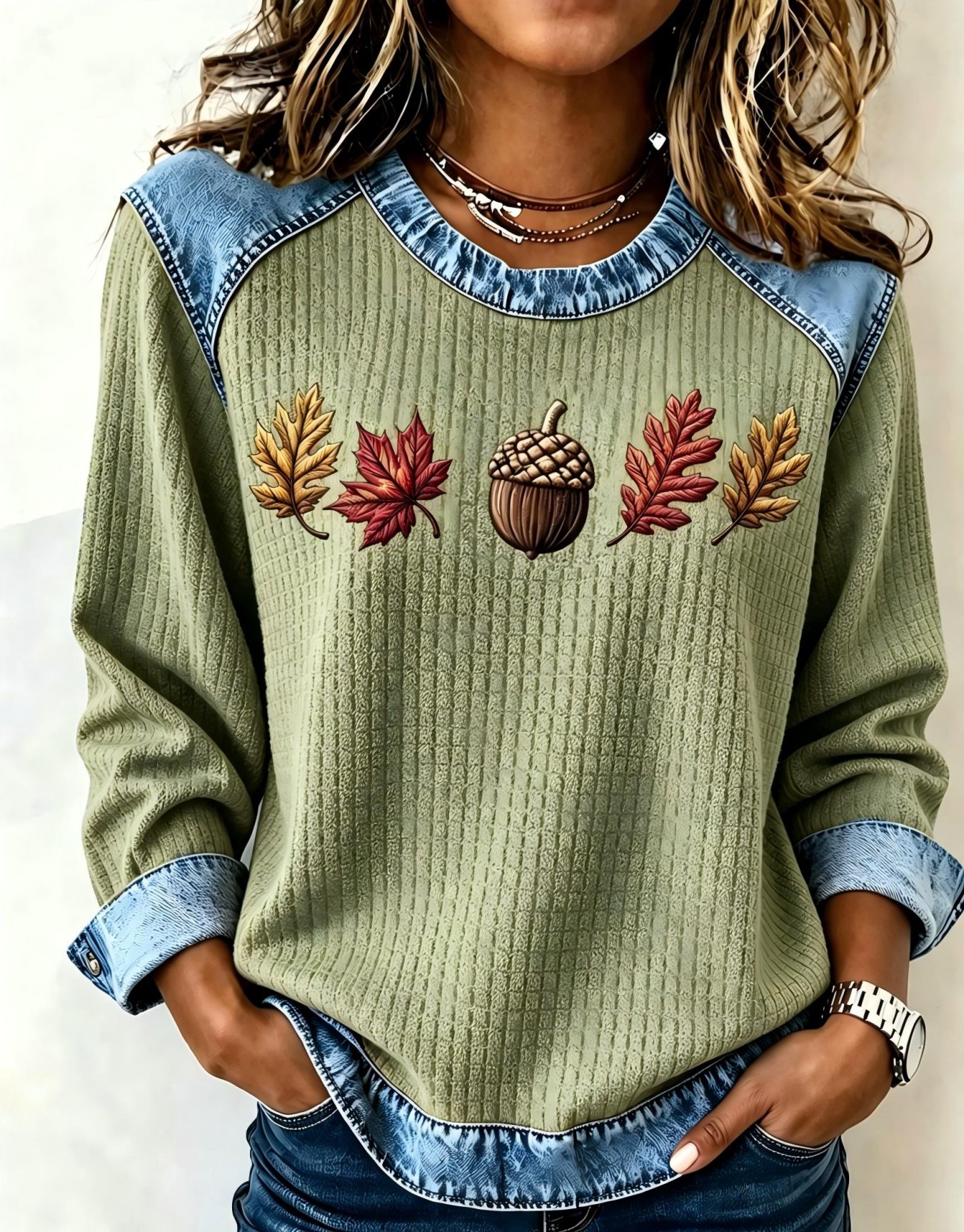 Nut Leaf Maple Print Crewneck Long Sleeve Pullover Sweatshirt