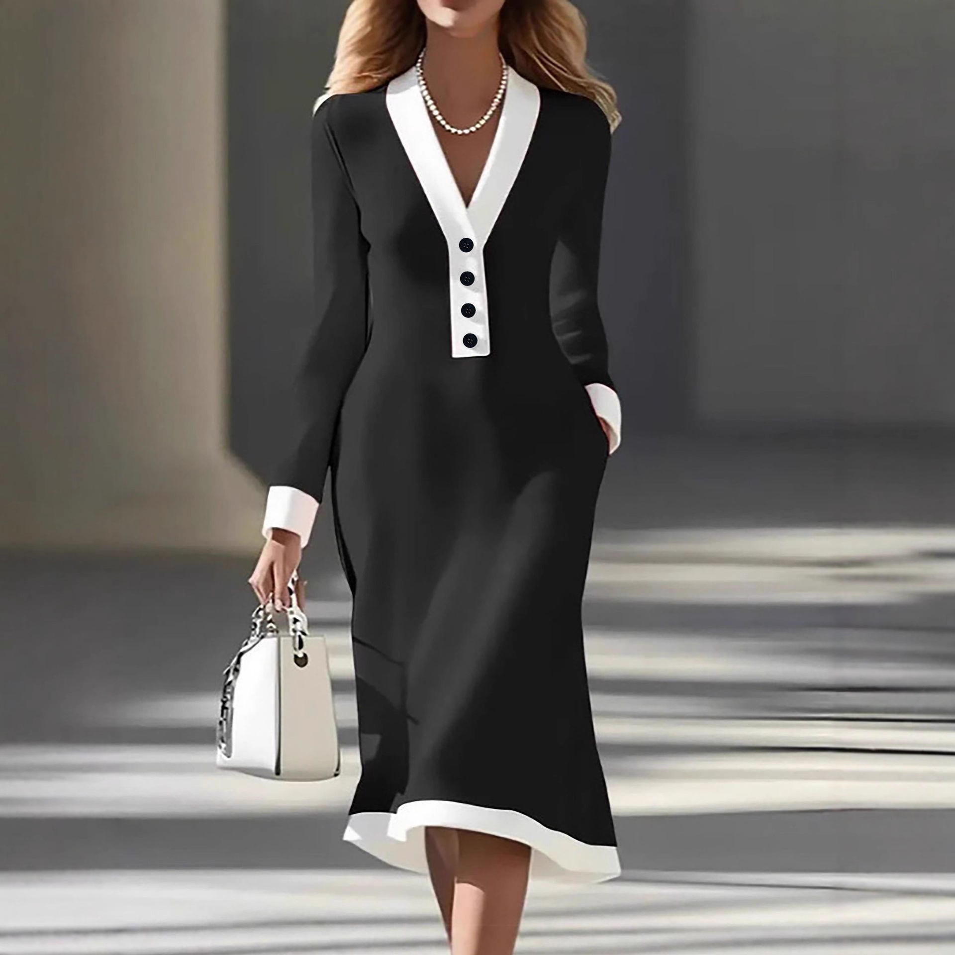 Elegant Color-Block V-Neck Midi Dress for Commuting