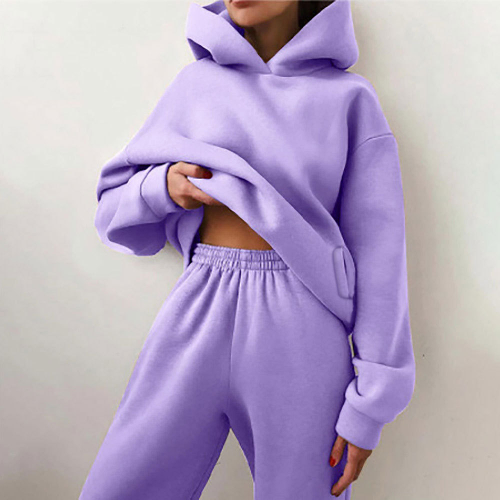 Women's Solid Color Hooded Sweatshirt and Pants Two-Piece Casual Set