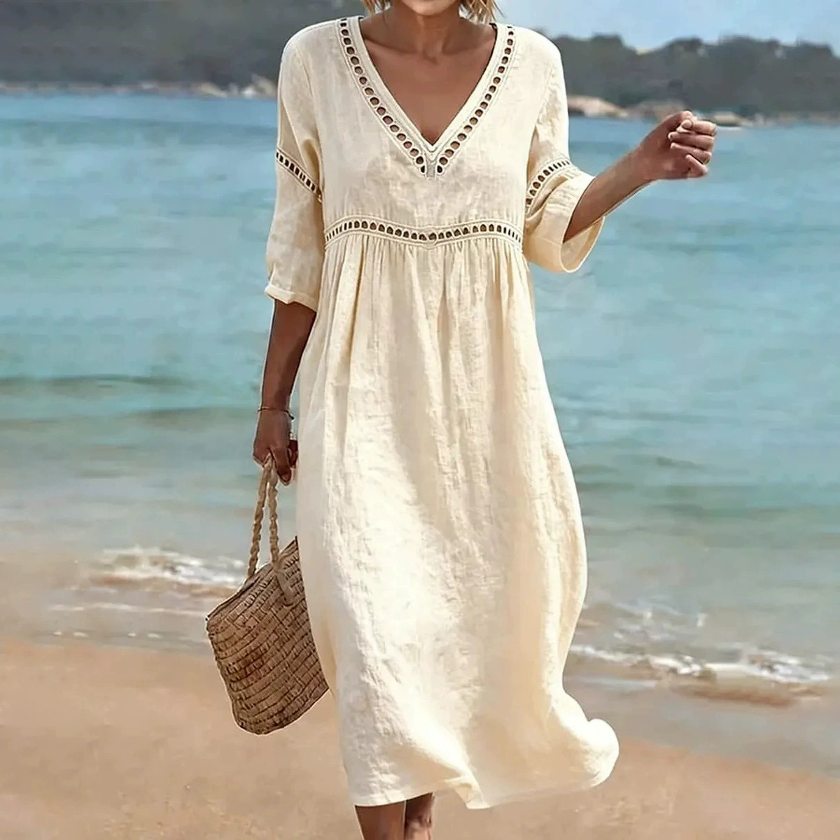Women's Summer Bohemian Lantern Sleeve Long Dress V-Neck A-Line