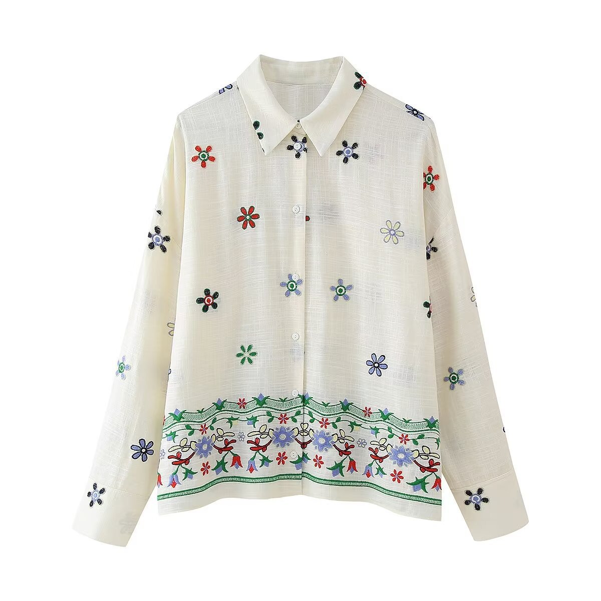 Floral Embroidered Shirt and Straight-Leg Pants Set
