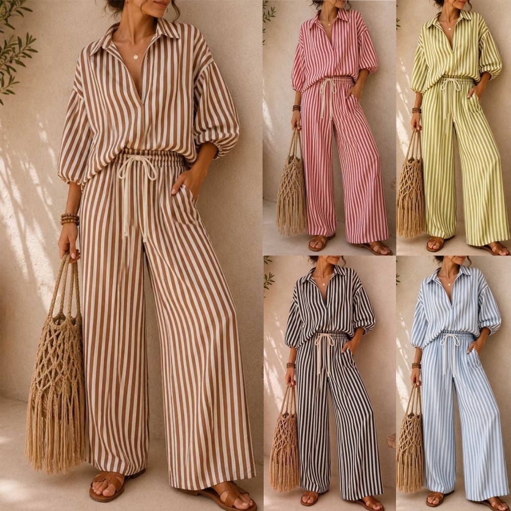 Striped Long Sleeve Shirt and Loose Pants Two-Piece Set