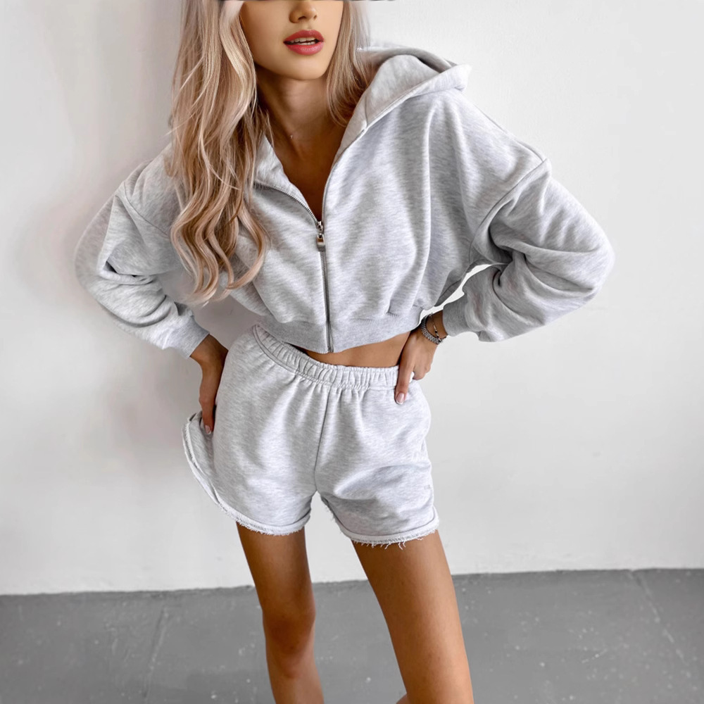 Women's Solid Color Long-Sleeve Zip-Up Hoodie and Shorts Two-Piece Set