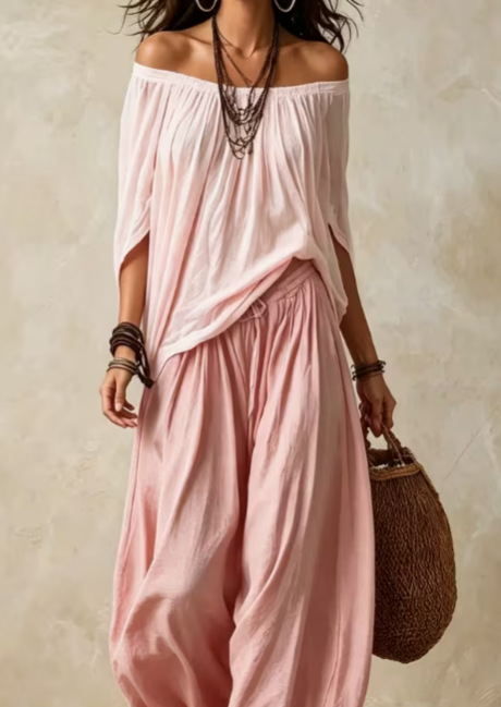 Women's Long Loose Off-Shoulder Top and Lantern Pants Set