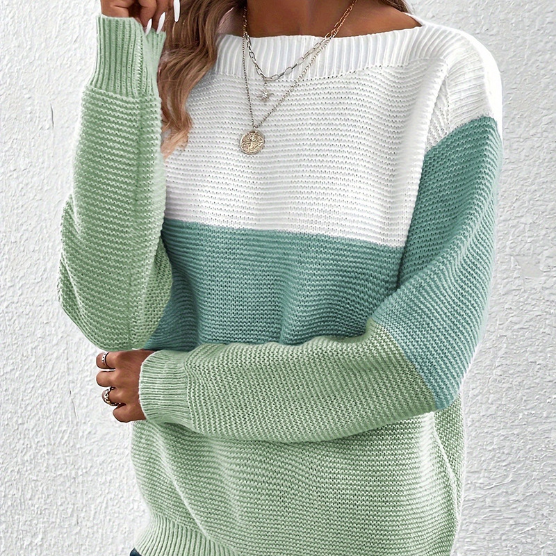 Women's Colorblock Knit Sweater Crewneck Long Sleeve Pullover