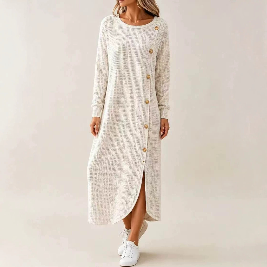 Waffle Knit Long Sleeve Button Slit Long Sweater Dress