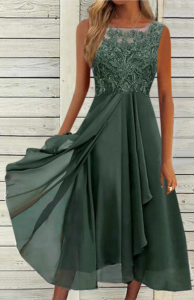 Sweet Lace Hollow Sleeveless Midi Chiffon Dress Bridesmaid