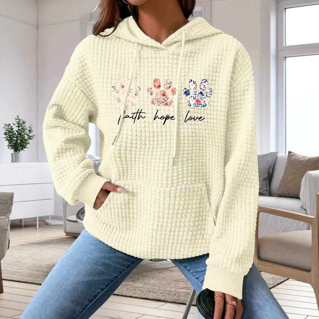 Women's Animal Paw Print Waffle Knit Hoodie Casual Pullover