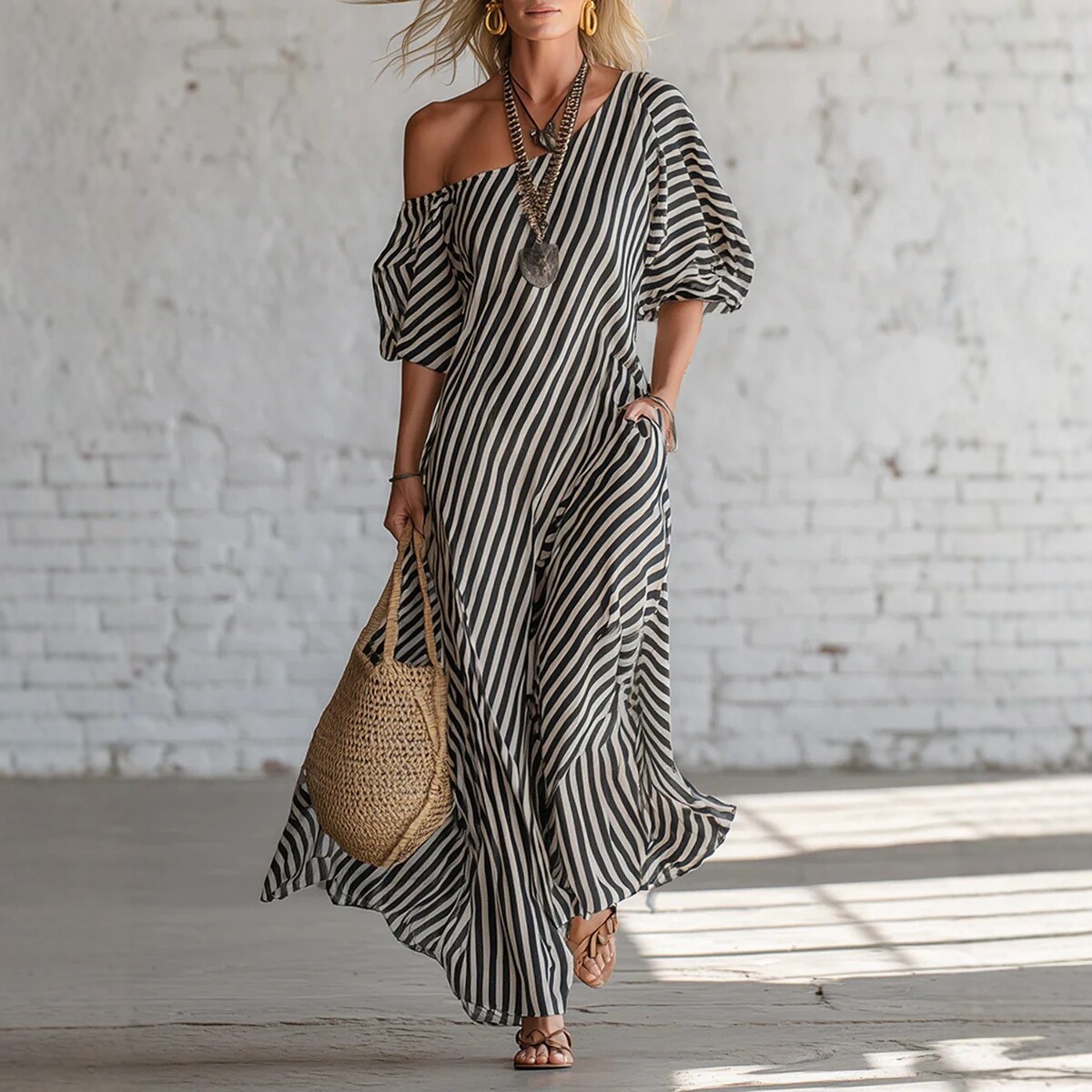 Striped Off-Shoulder Long Dress Casual Vacation Loose Fit