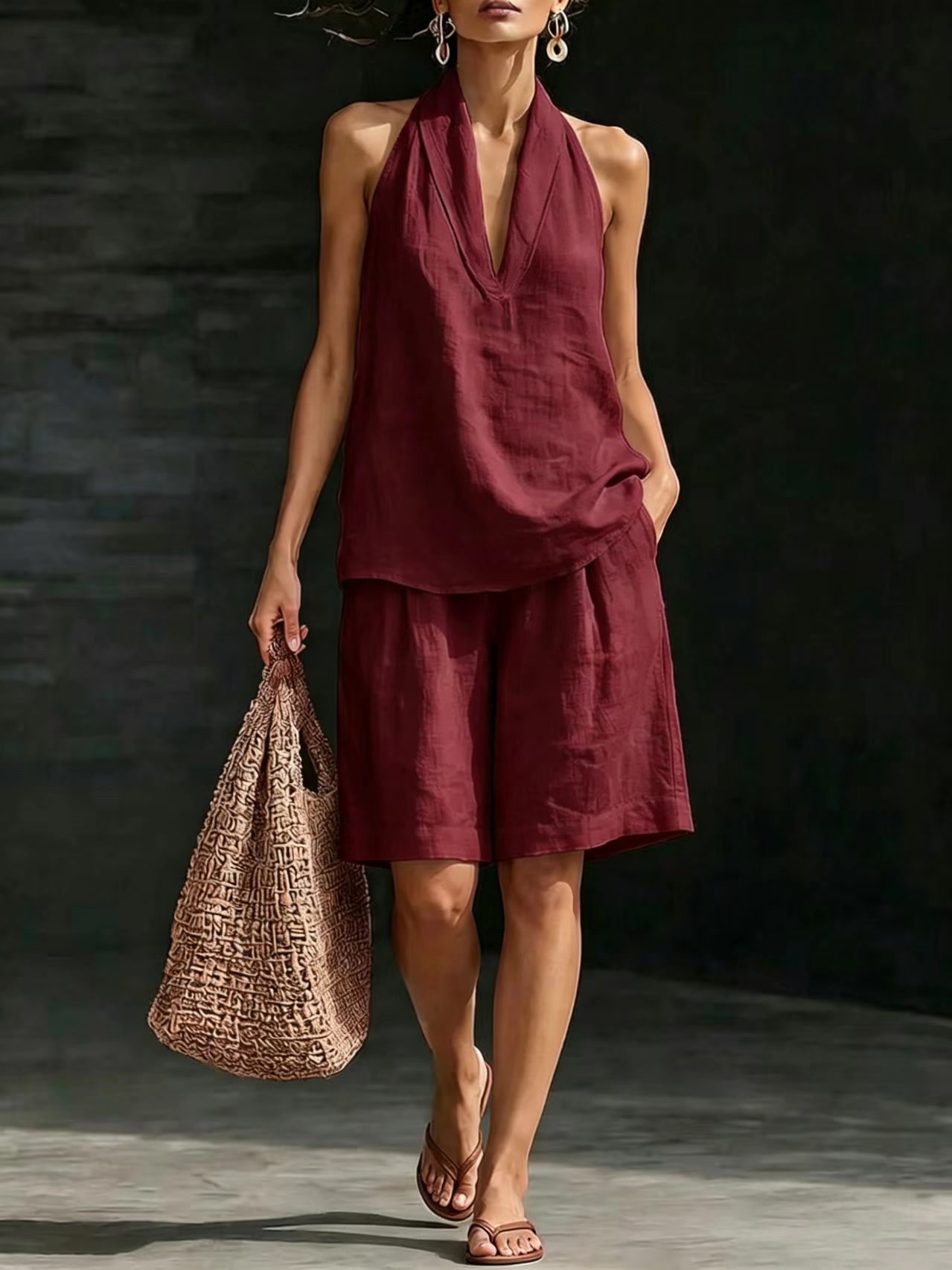 Women's Summer Halter Vest Set with Solid Color Print