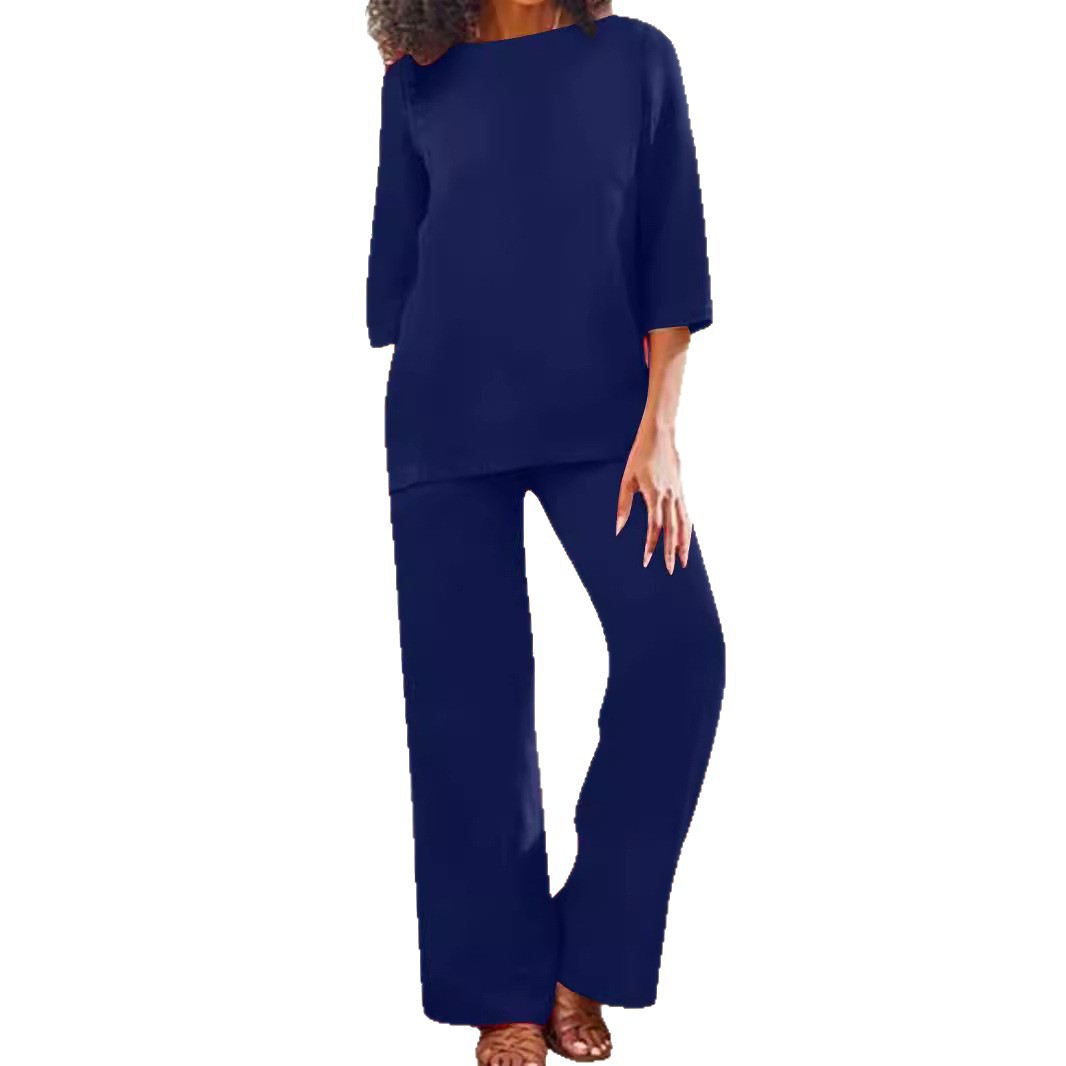 Plus Size Women's Cotton Linen Solid Color Vintage Two-Piece Pant Set Long Sleeve Loose Fit
