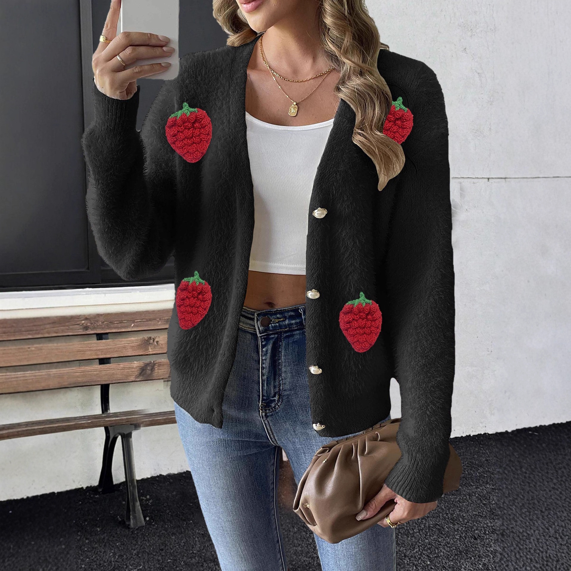 Women's Faux Mink Cardigan with Pearl Buttons & Strawberry Embroidery