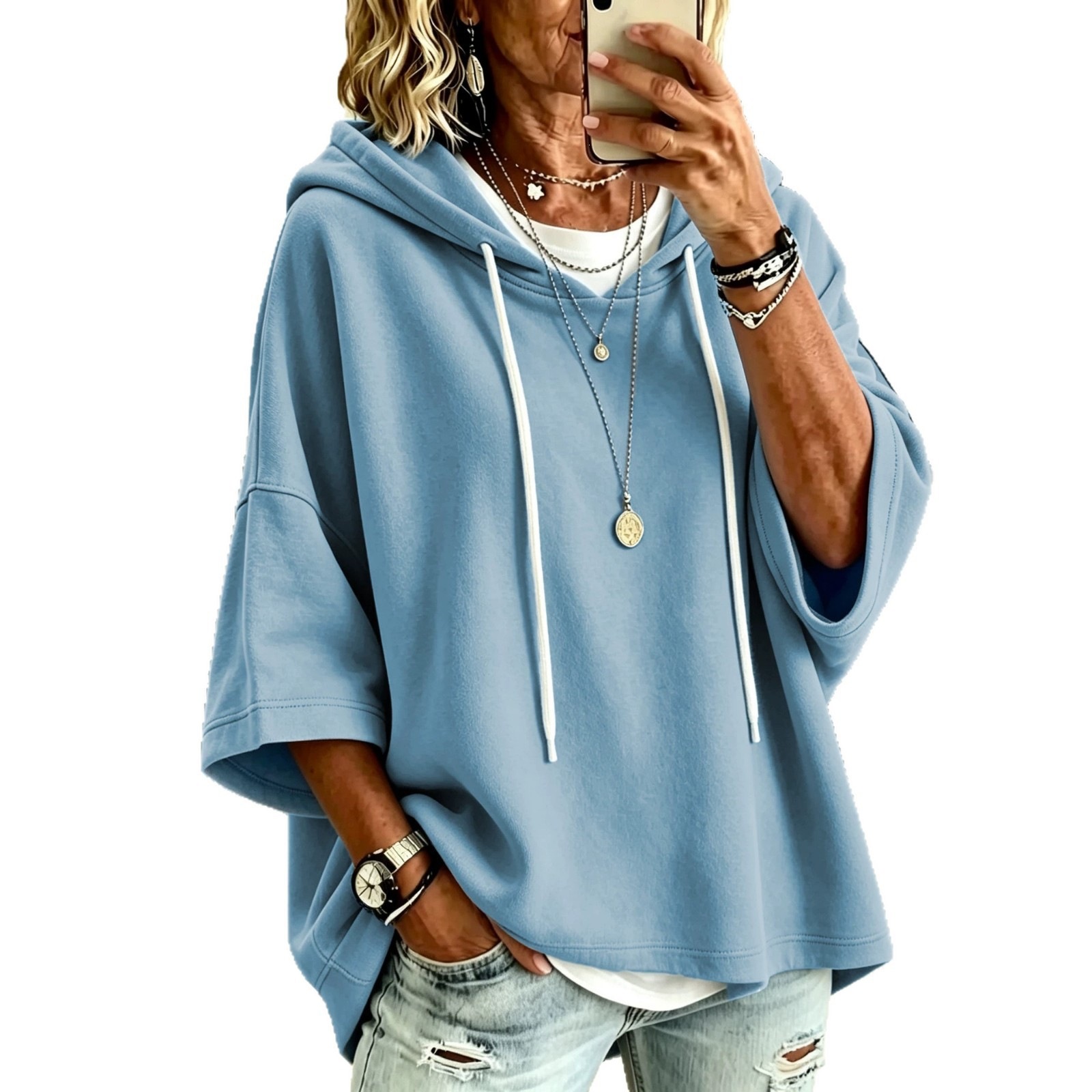 Women's 3/4 Sleeve Solid Hooded Sweatshirt Casual Pullover