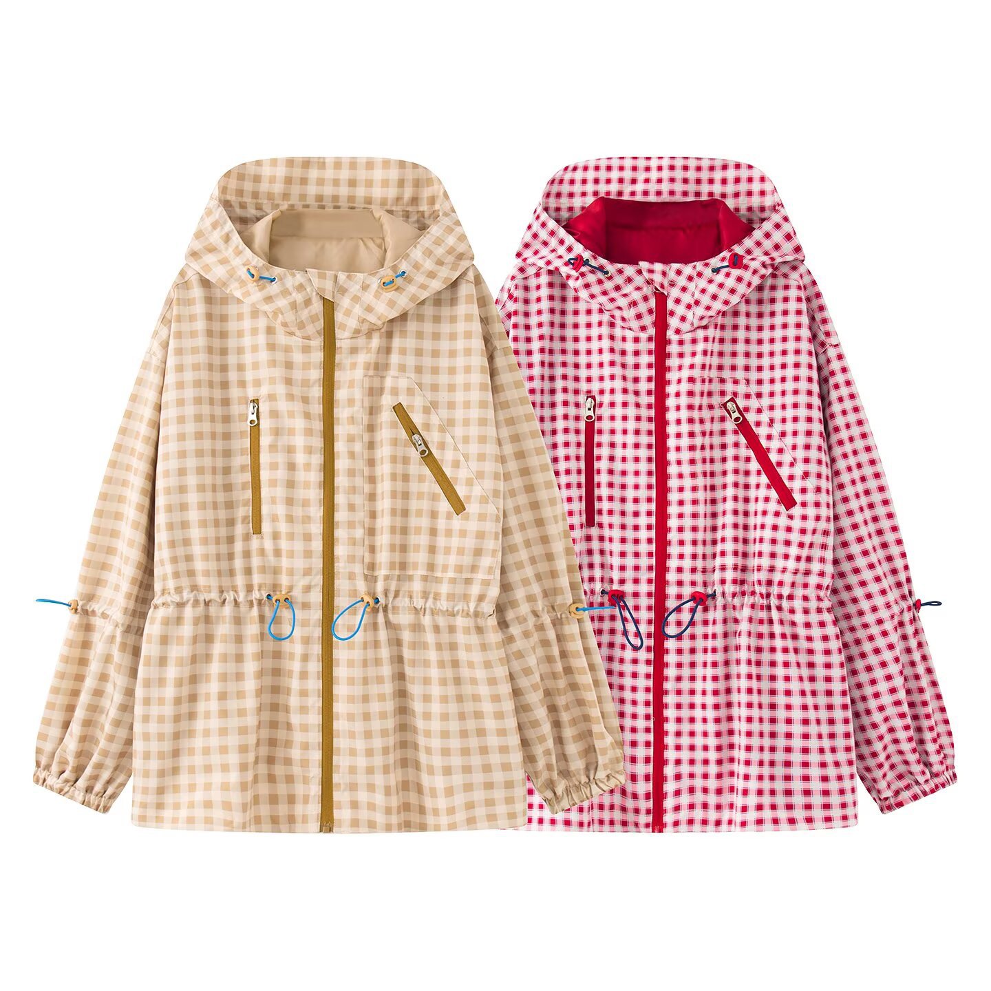 Women's Hooded Plaid Zip Jacket Mid-Length