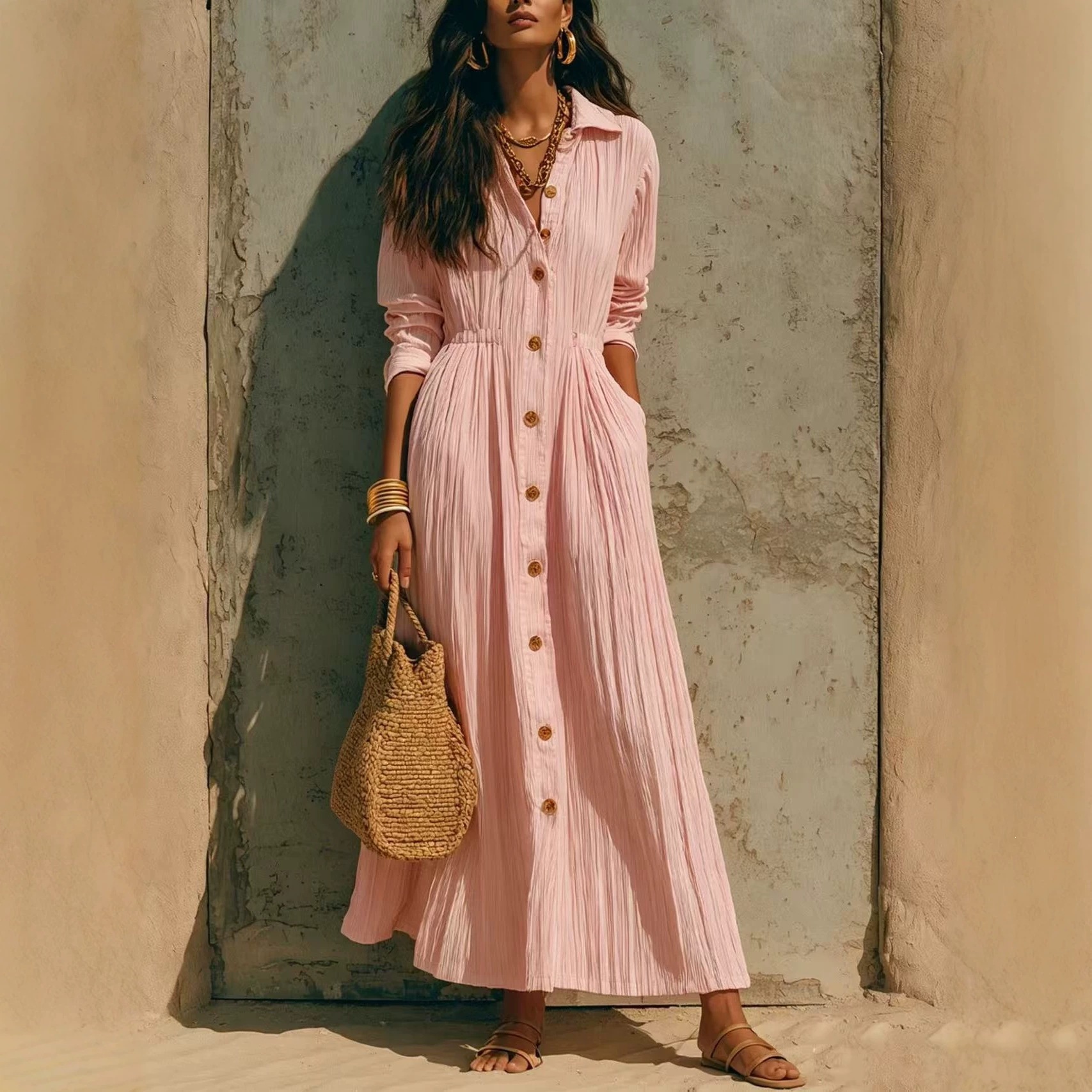 Single-Breasted Multi-Button Pleated Solid Color Long Sleeve Dress