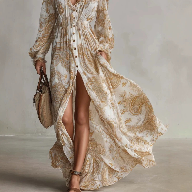 Bohemian Paisley Ruffle V-Neck Long Dress