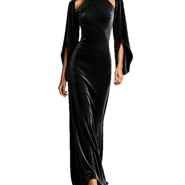 Women's Velvet Bell Sleeve Cutout High Neck Long Evening Dress