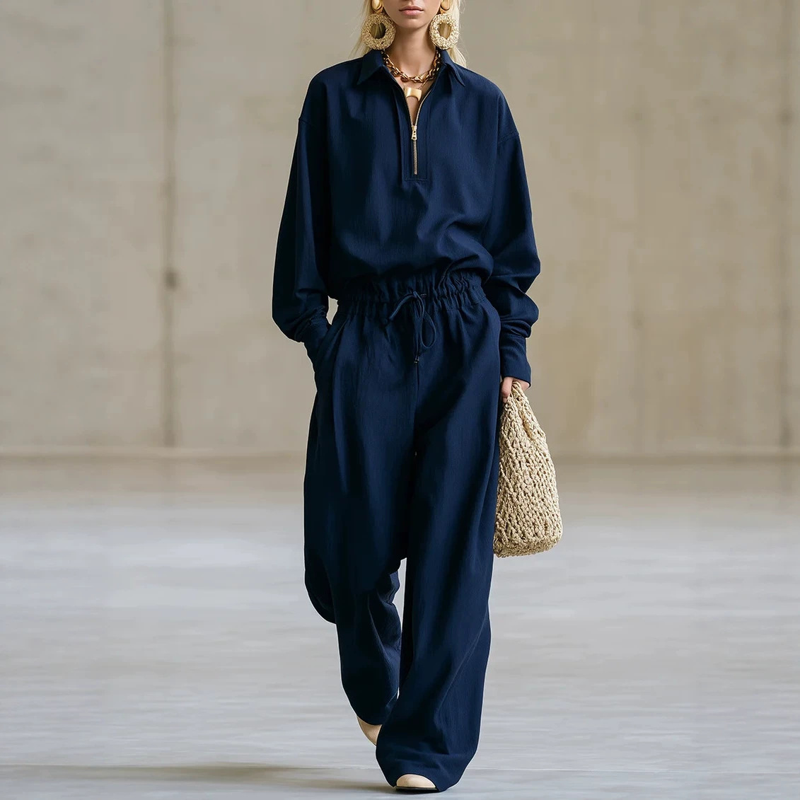 Solid Color Long Sleeve Drawstring Hoodie & Wide Leg Pants Set