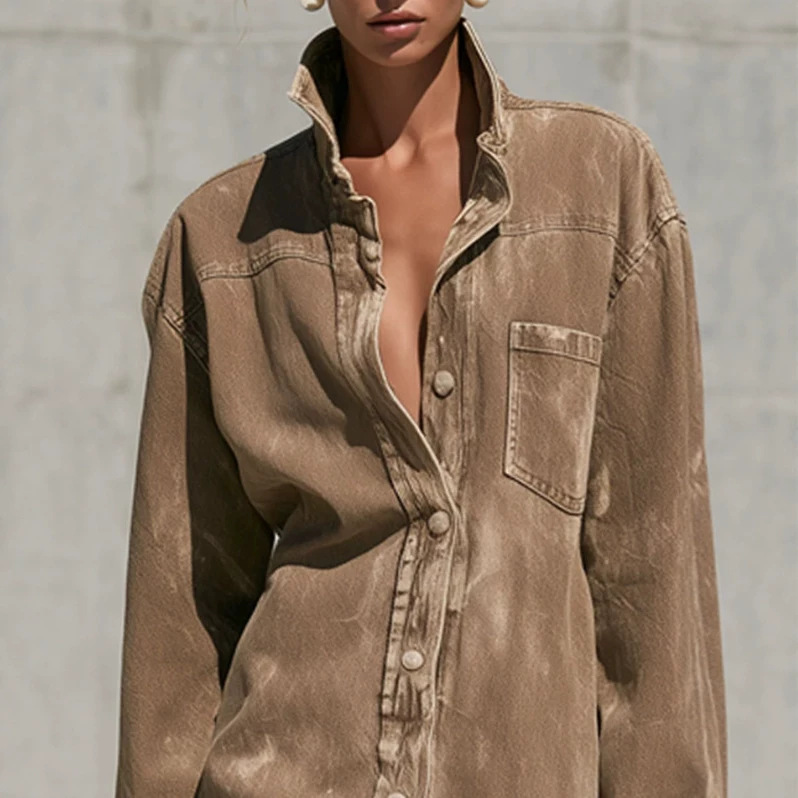 Camel Denim Frayed Long-Sleeve Mini Dress