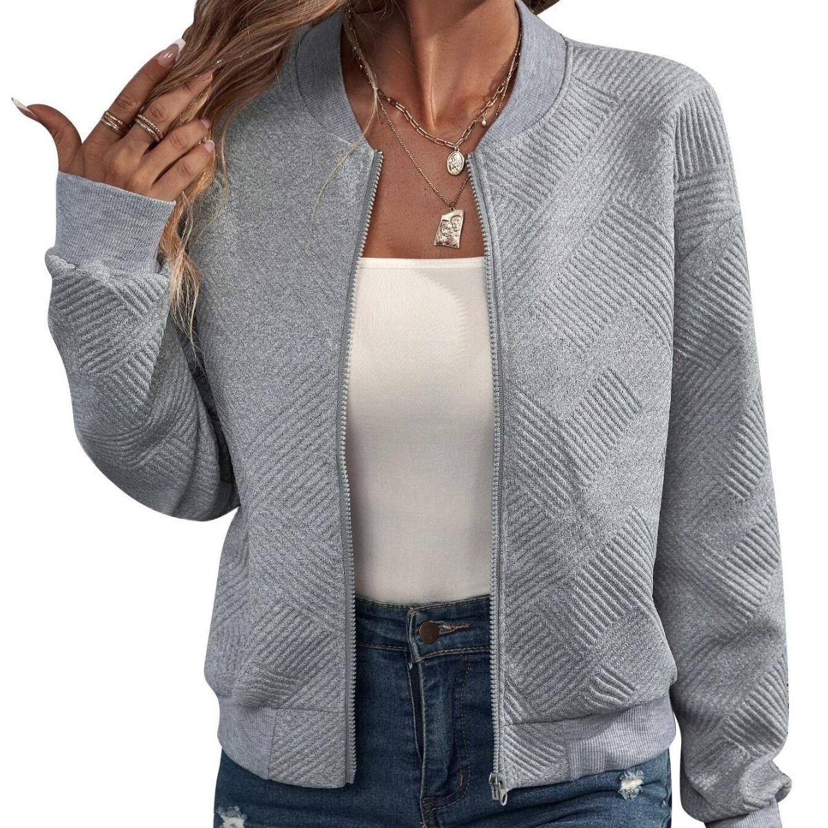 Women's Solid Zip-Up Baseball Collar Casual Jacket