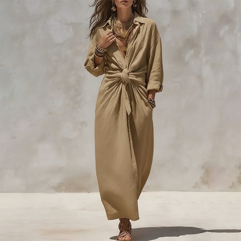 Women's Casual Solid Shirt-Collar Long Dress Single-Breasted Pleated Long-Sleeve