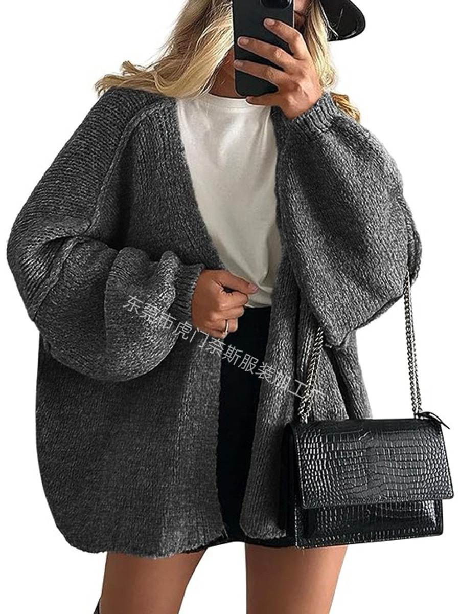 Women's Knit Cardigan Sweater Loose Crew Neck Three-Quarter Sleeve