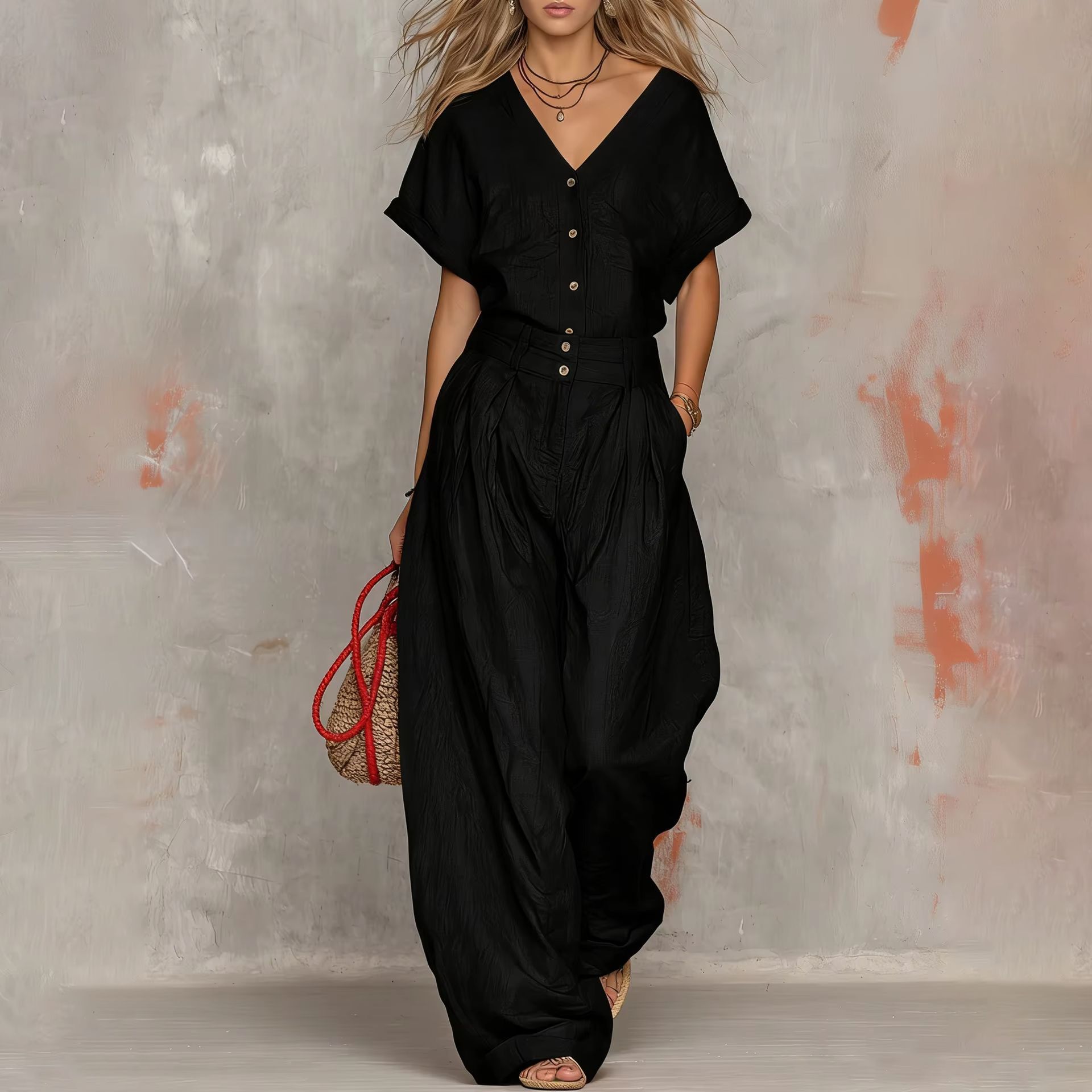 Women's Two-Piece Shirt and Wide-Leg Pants Set Casual Comfortable