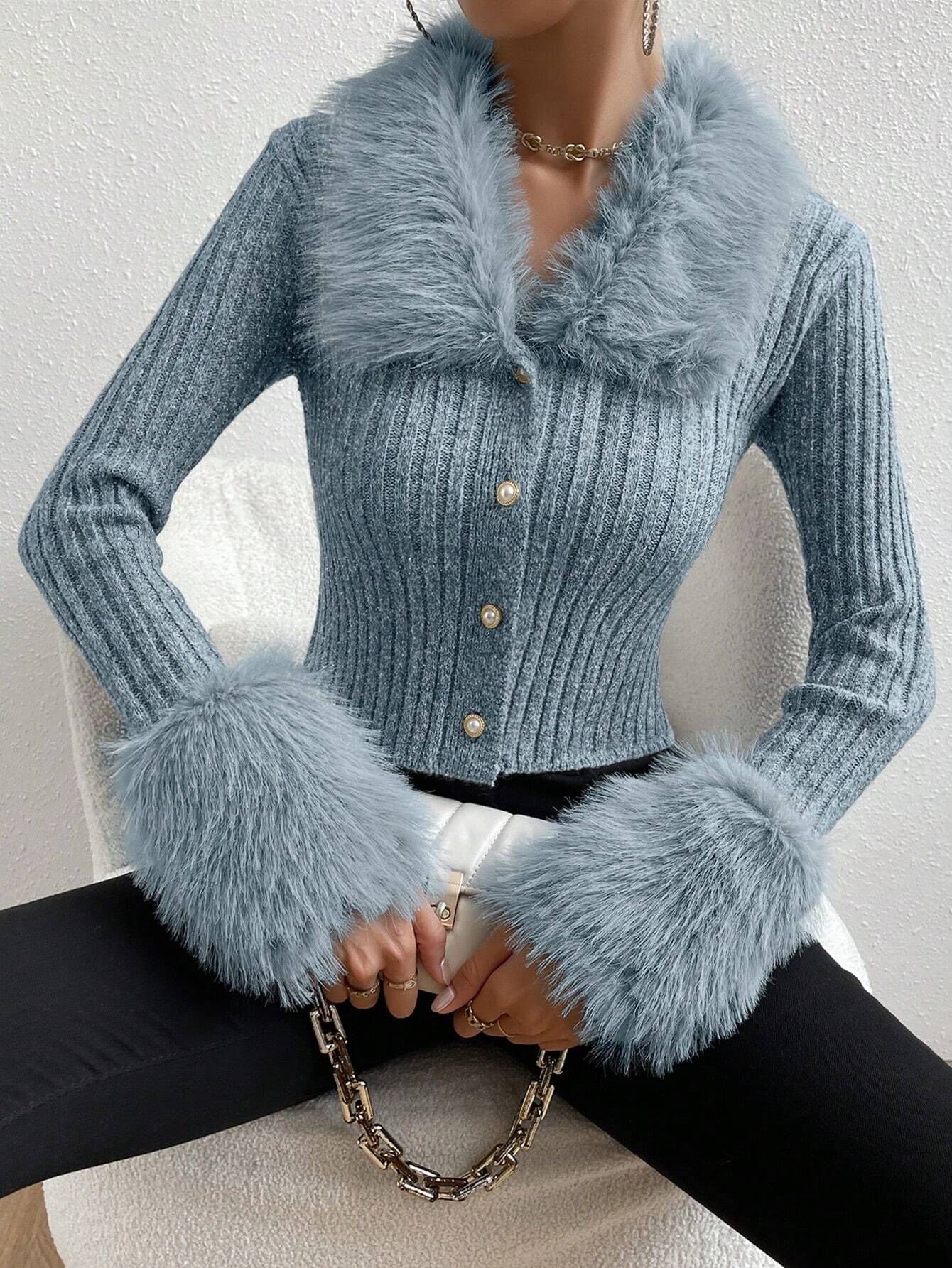 V-Neck Slim-Fit Knit Cardigan with Faux Fur Trim