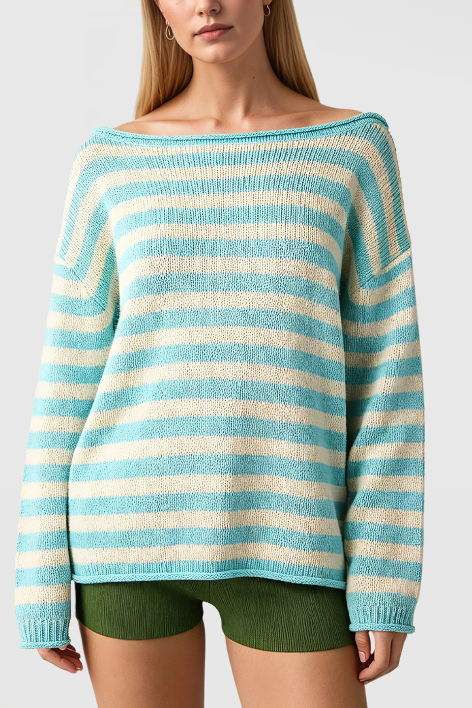 Striped Color-Block Crewneck Pullover Sweater Loose Fit Knit Top