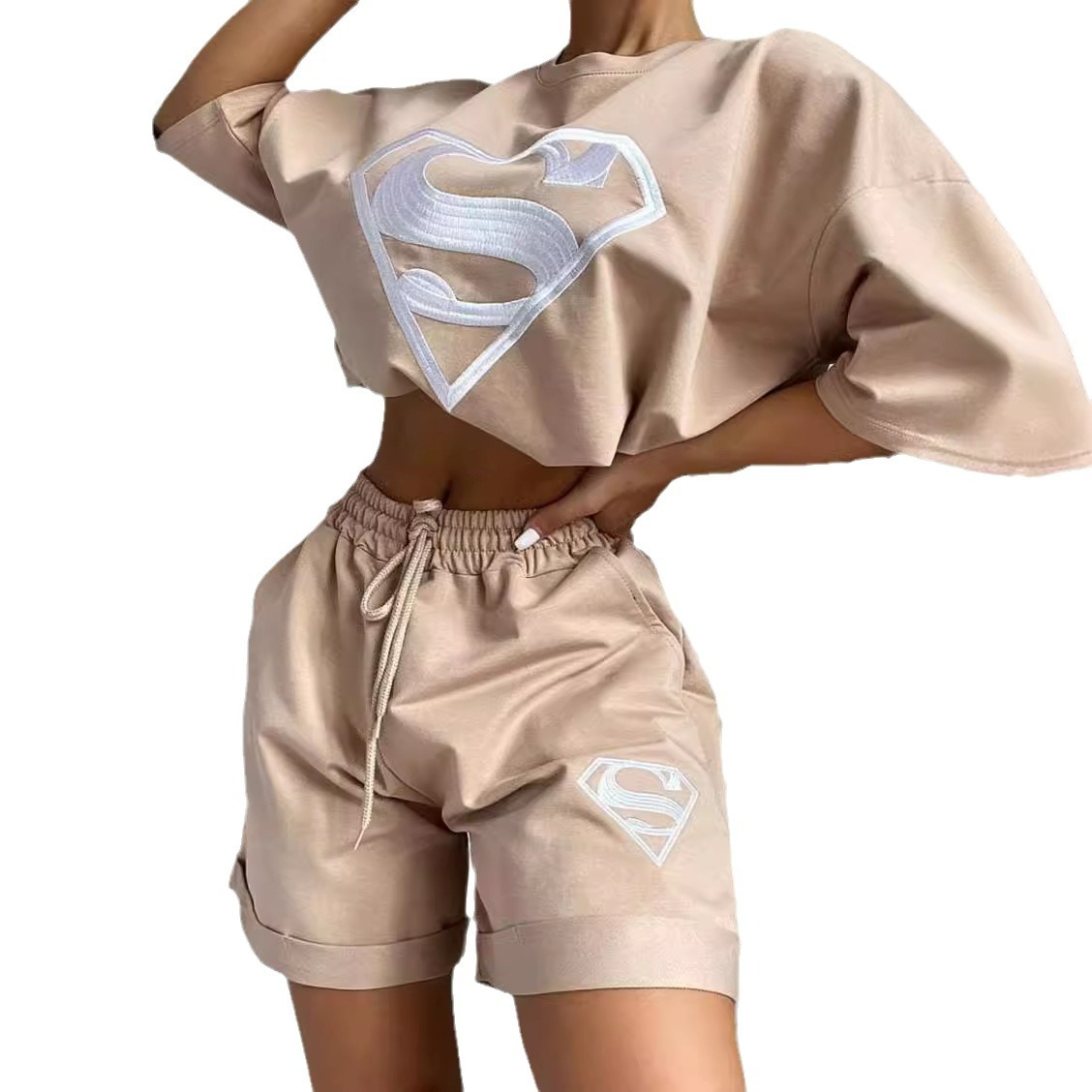 Women's Embroidered Casual Shorts and Sweatshirt Set