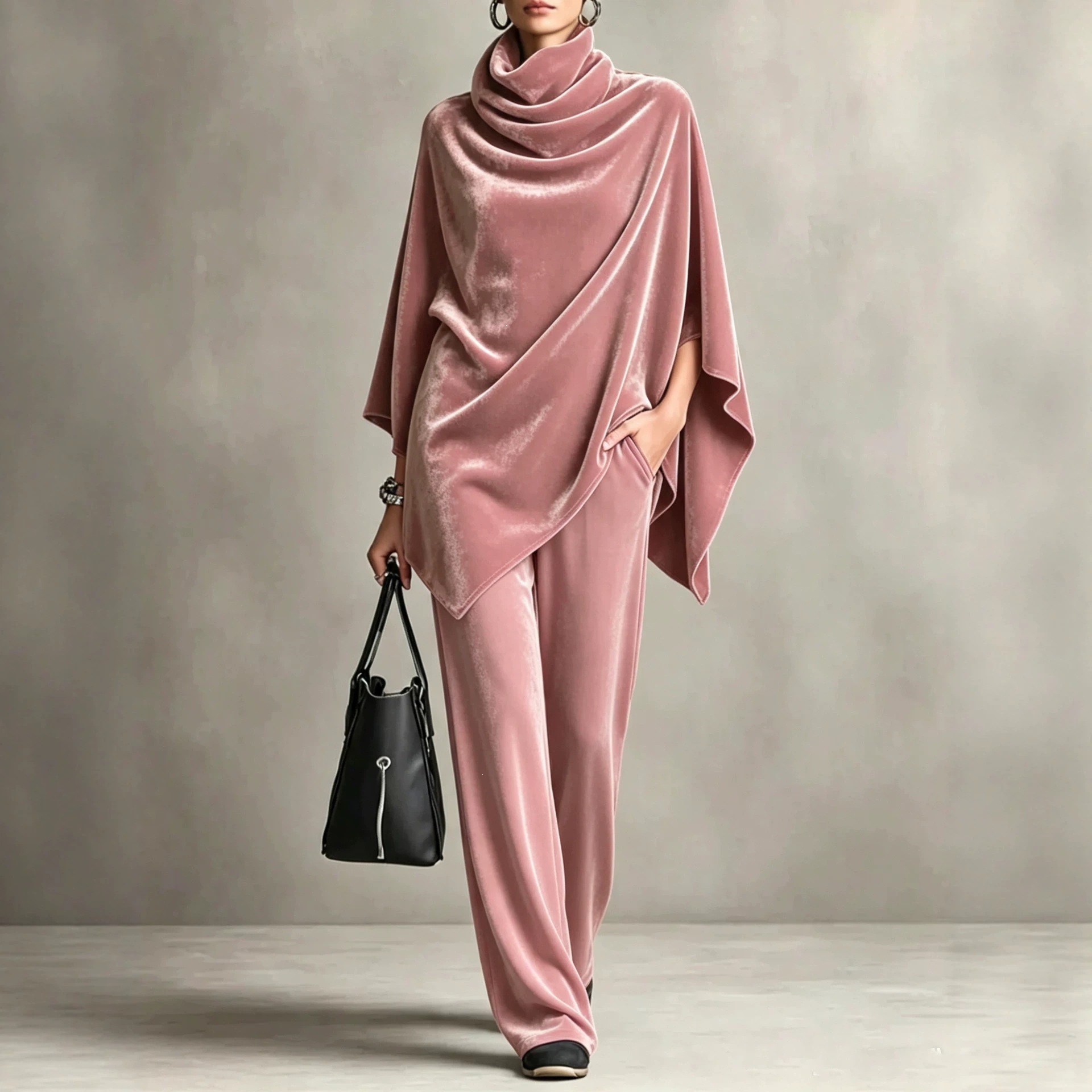 Women's Korean Velvet Cowl Neck Cape Top & Wide-Leg Pants Two-Piece Set