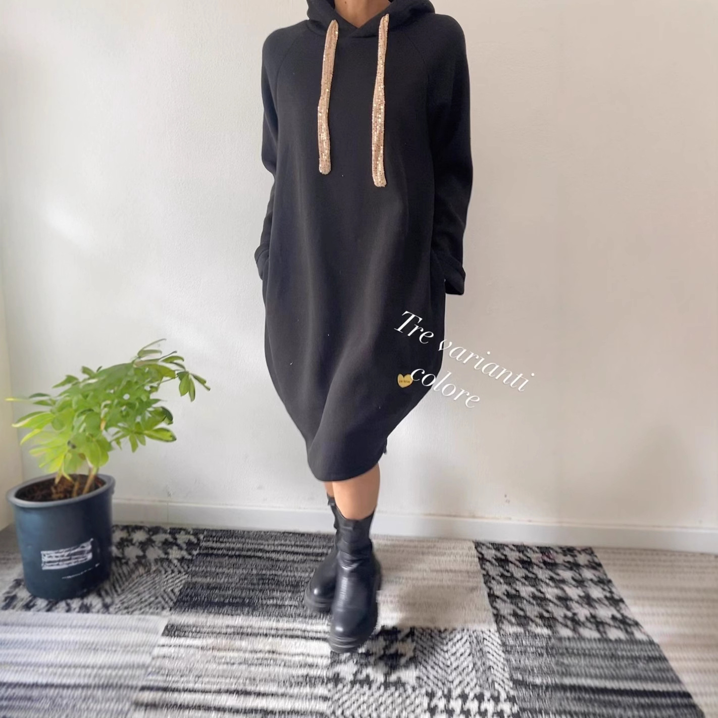 Loose Solid Color Hooded Long Sleeve Sweatshirt Dress
